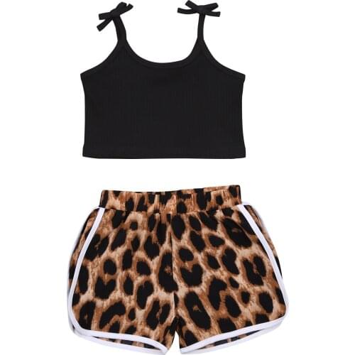 3-7Years Girls Clothing Set Sleeveless Sling Tops and Leopard Print Shorts Two-piece Suit