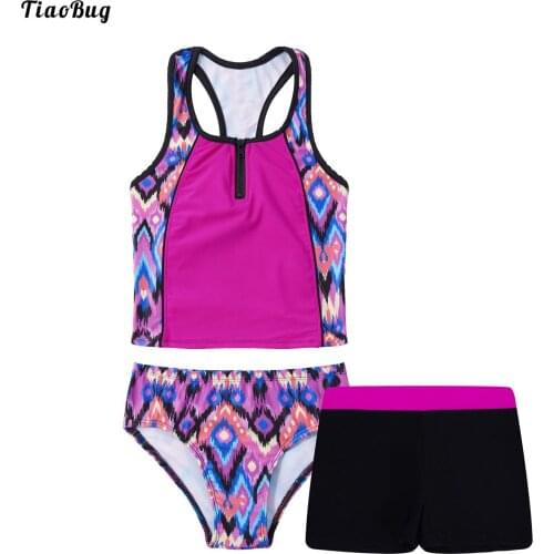 TiaoBug Kid Girls Tankini Set 3Pcs Floral Print Sleeveless Racerback Tank Vest Shirt Short And Bikini Triangle Swimwear Swimsuit