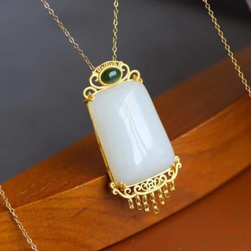 Natural Hetian White Jade Geometric Small Tassel Pendant Necklace China Retro Unique Ancient Gold Craft Womens Brand Jewelry