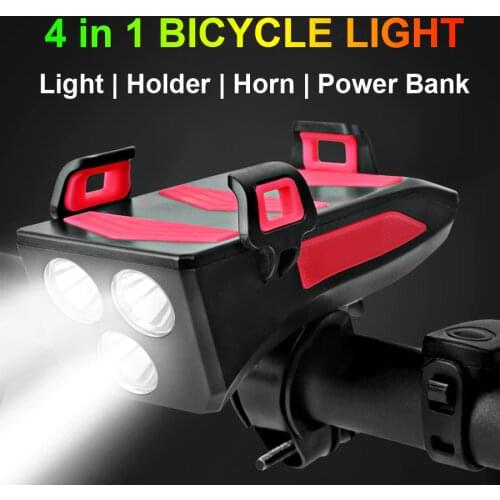 NEWBOLER Multi-function 4 in 1 Bicycle Light USB Rechargeable LED Bike Headlight Bike Horn Phone Holder Powerbank Cycling Light