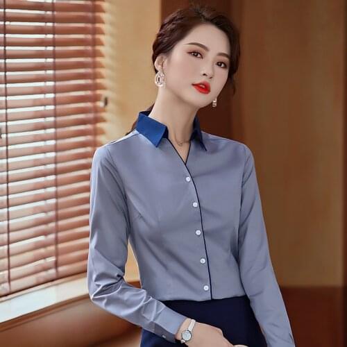 IZICFLY New Style Autumn Spring Gray Blouse Office Uniform Plus Size Women Tops Slim Fashion Business Shirt Korean Clothes Work