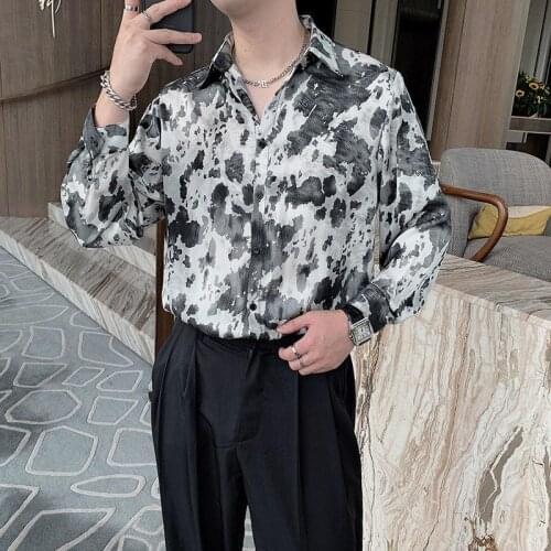 2021 Autumn New Long-Sleeved Polyester Spandex Shirt with Abstract Paint Splatter Print and Turn-Down Collar M-2XL