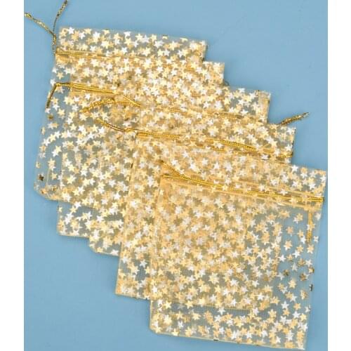 50pcs/lot Wedding Party Organza Gift Bags Strap Drawstring Candy Pouches Jewelry Packaging With Star Snowflake 9*12 cm