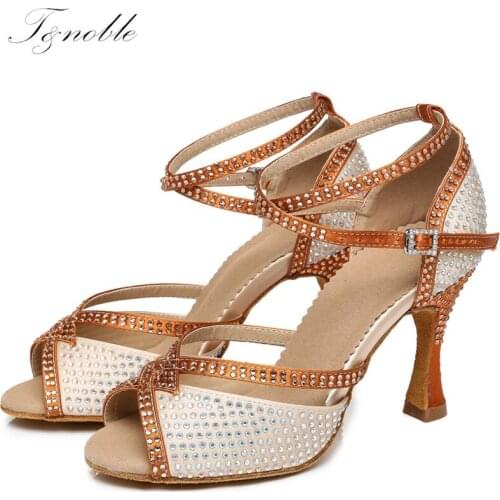 Sandals Pearl Rhinestone Yellow Latin Dance Shoes Women Ballroom Professional Salsa Soft Soles Party/Weeding High Heels L451