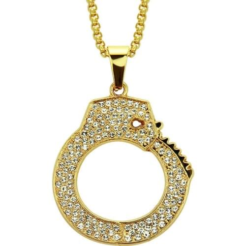 Hip Hop Rhinestones Paved Iced Out Bling Gold Color Handcuffs Pendants Necklace for Men Rapper Jewelry Drop Shipping