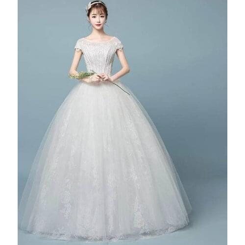 Wedding Dress O-Neck Embroidery Pearls Floor-Length Lace Up Elegant White Short Sleeves Plus Size Wedding Gowns For Women G239