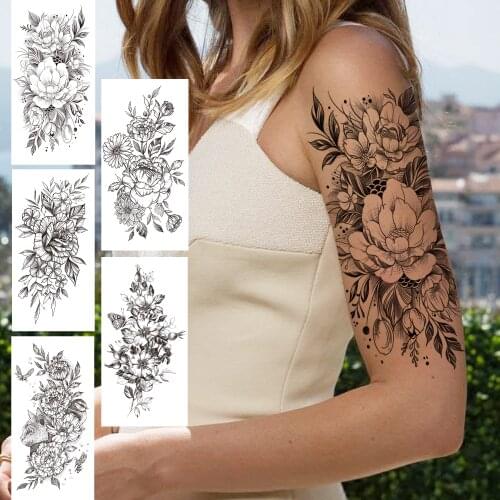 Big Flower Temporary Tattoos For Women Girls Fake Dahlia Daffodil Peony Tattoo Sticker Black Waterproof Rose Tatoo Makeup Tools