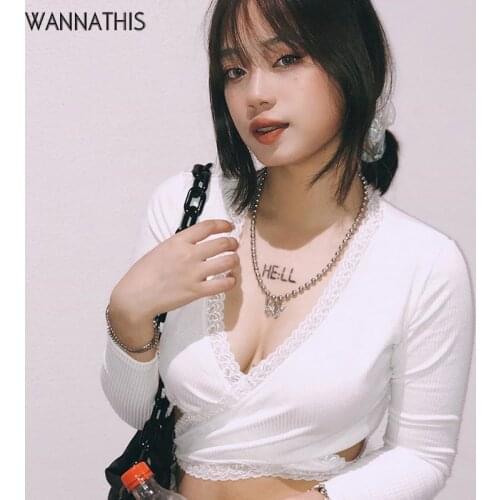 WannaThis Deep V-Neck Overlapping Back Bandage Long Sleeve T-Shirt Women Lace Crop Top Slim Cropped Fashion Casual Autumn Tops