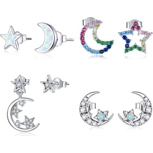 YAONUAN S925 Sterling Silver Ear Studs Inlay Crystal/Zircon Star Moon Earring Trendy Female Fine Jewelry Sailor Moon Accessories