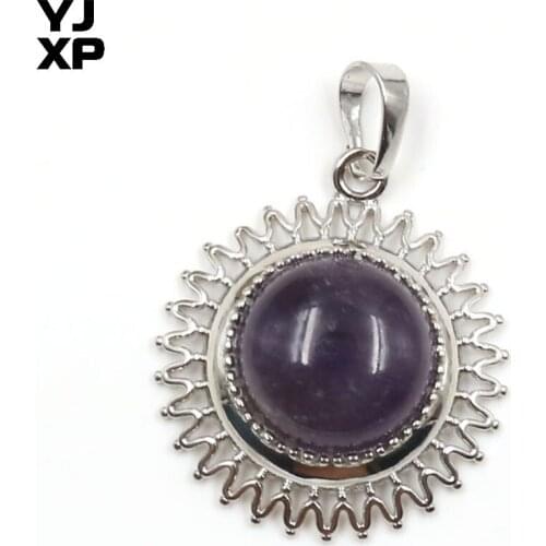 YJXP Trendy Silver Plated Round Sunflower Shape Natural Amethysts Stone Pendant Plant Jewelry
