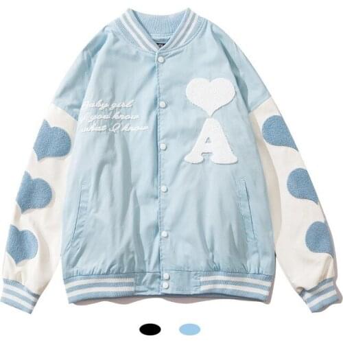 Blue Patchwork Love Embroidery Baseball Uniform Jacket Women Retro Simple High Street Couple Hip-hop Jacket Autumn Winter New