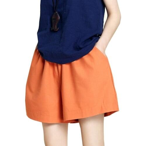 New Summer Cotton Linen Shorts Elastic Waist Plus Size Loose Wide Leg Shorts Women Casual Orange White Black Green Short Female