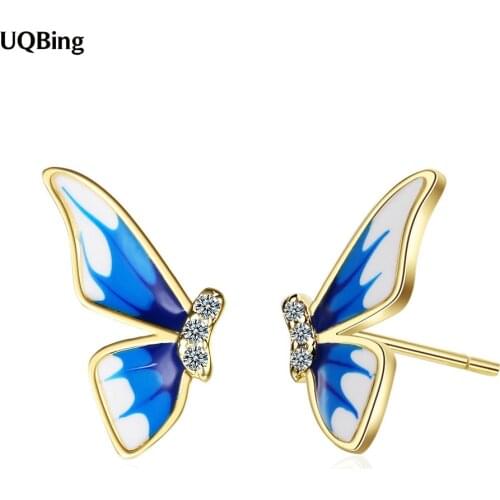 925 Sterling Silver Fashion Enamel Gradient Blue CZ Zircon Butterfly Stud Earrings For Women Jewelry