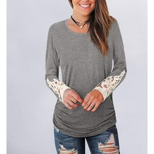 Plus Size Autumn Womens Tops New Solid Color Lace Patchwork T-shirt Sexy Fashion Long-sleeved Casual Pullover Top Women Clothes