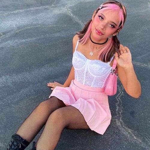 Mall Goth Pastel Gothic Lace Camis Harajuku E-Girl Corset Patchwork Bodycon Crop Tops Women Sexy Floral Embroidery Sleeveless