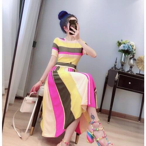 Contrast Color Striped Dress Women Dresses Summer 2021 O-neck Short Sleeve Pleated Midi Dress Elegant knitted Vestido De Mujer