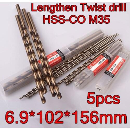 6.9*102*156mm 5pcs/set HSS CO5% M35 Containing cobalt longer twist drill Processing stainless steel and steel