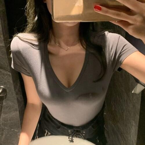 Gkfnmt Summer T Shirt Women Tee Shirts V-neck Tshirt Short Sleeve 95% Cotton T-shirt Ladies Sexy Tops Women Clothing