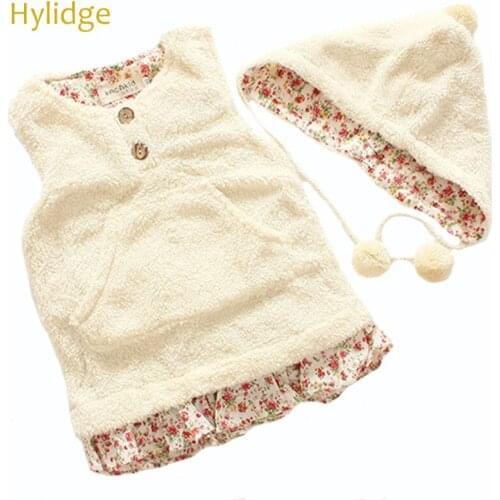 Hylidge 2PCS/set Soft Fleece Girls Coats Winter Ruffles Princess Dress Girls Vest with Pompom Baby Winter Hat Baby Girl Clothes