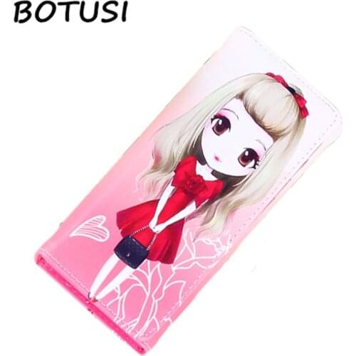 BOTUSI Cartoon Girl Wallet Female PU Leather Printing Women Wallets Long Coin Purse Card Holder Zipper Clutch High Quality