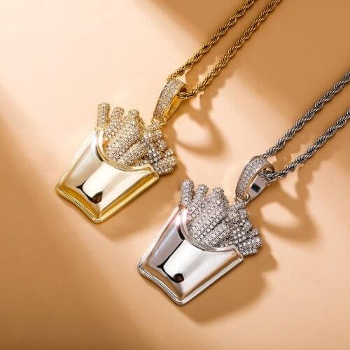 Iced Out French Fries Shape Pendants With Tennis Chain Bling Zircon Necklace Hip Hop Jewelry Gifts