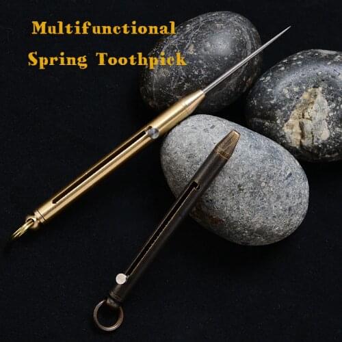 Multi-function Titanium Alloy Retractable Toothpick Brass Handle Push-pull Spring Portable Fruit Fork Outdoor Self-defense Tool
