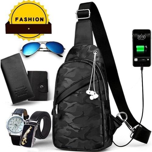 Mens USB Charging Bag Chest Bag for Waterproof Shoulder Bag Camouflage Diagonal Package Messenger Travel Bag Cross Body Bags
