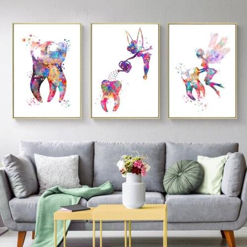 Tooth Fairy Watercolor Art Canvas Painting Poster and Prints Dental Hygienist Wall Art Picture for Living Room Decoration