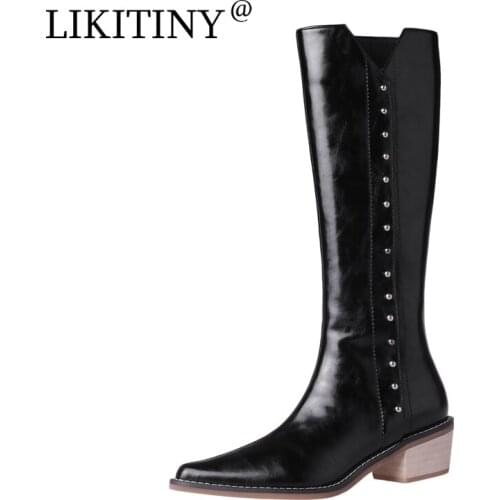 NEW LIKITINY 2021 Spring Autumn Womens Shoes White Pure Color Zipper Genuine Leather Chunky Heels Pointed Toe Knee High Boots