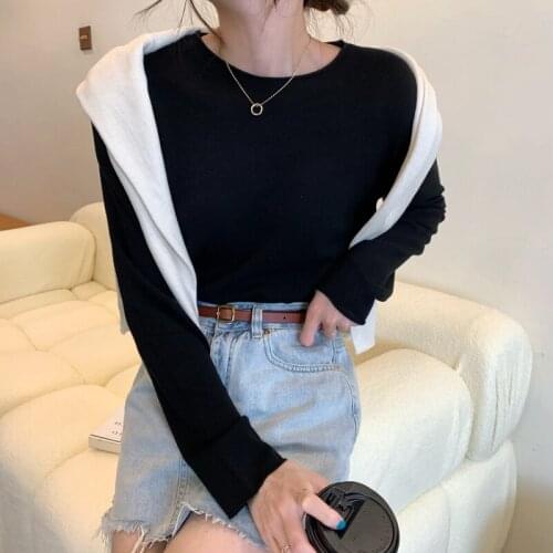 New womens sweater autumn and winter clothes solid color round neck sweater pullover long-sleeved knitted pullover womens top