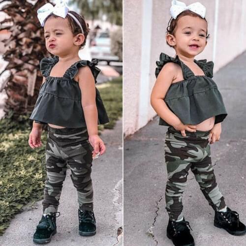 1-6T Toddler Kids Baby Girl Clothes Ruffle Sleeveless Tank Crop Tops Camouflage Pants Leggings 2Pcs Outfits Summer Casual Sets