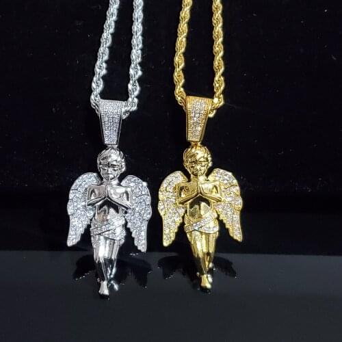Iced Out Zirconia Angel Pendant Necklace for Women AAA Zircon Hip Hop Jewelry for Mens Gift