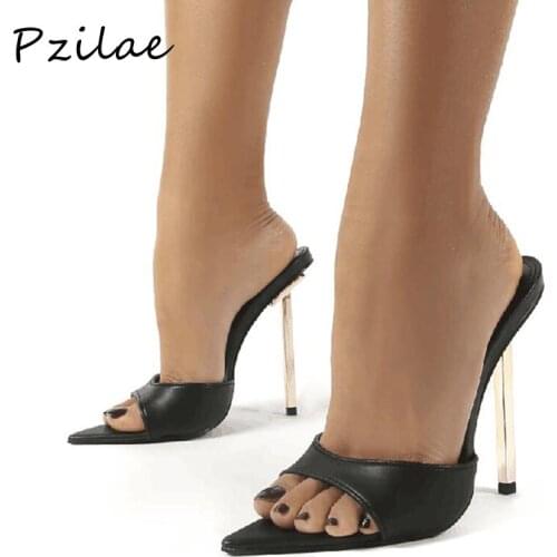 Pzilae 2021 Summer Women Slippers Sandals Black Peep Toe Ladies Heel Mules Metal High Heels Pumps Female Fashion Woman Shoes New