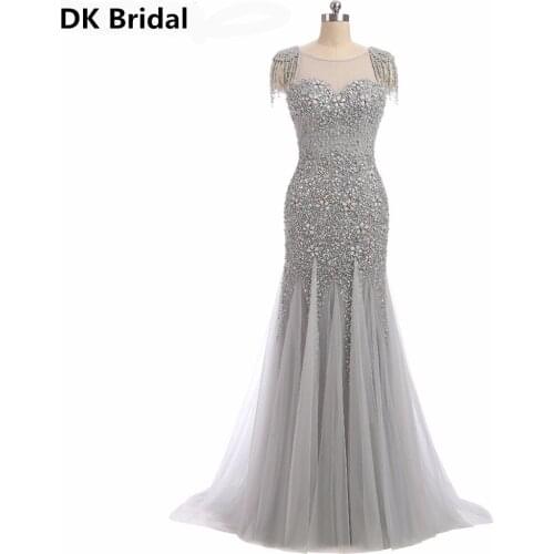 Luxurious Crystal Sequined Grey Beaded Mermaid Evening Dress Sheer Neck Elegant Long Pearls Prom Gowns U Back Neck Design