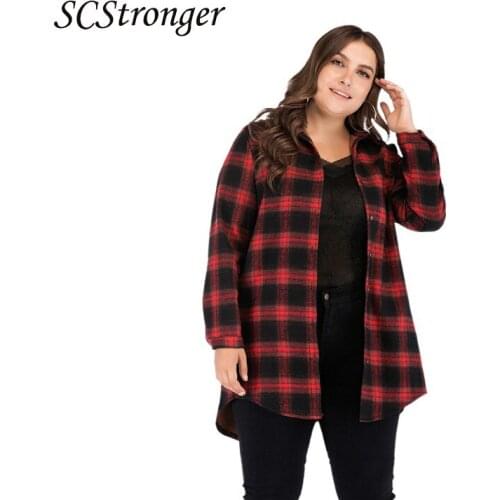 SCSTRONGER Autumn Winter New Style Plus Size Womens Clothing Plump Girl Plaid Long Sleeved Fleece Casual Shirt Jacket Шу
