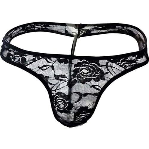 Sexy Gay Underwear Men G-string Thongs Transparent Lace T-panties Man Lingerie Bikini Black Low Rise U Convex Pouch Erotic Penis