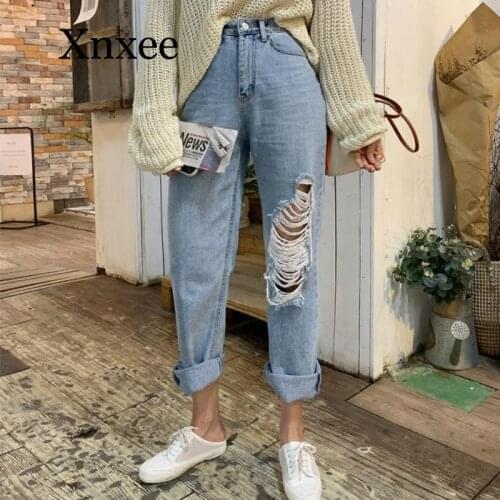 Light blue 2020 Summer Casual High Waist Harem Jeans Women Loose Female Denim Jeans Pants Streetwear Ripped Hole Denim Trousers