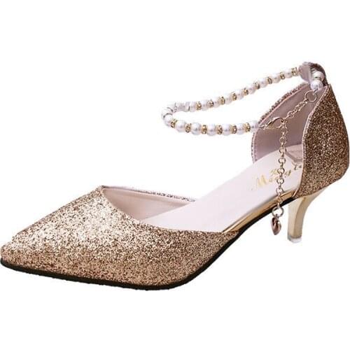 Sexy High Heels Shoes Woman Gold Silver Wedding Shoes Bride Shinny String Bead Chain High Heels Women Sandals Ladies Shoes 2019