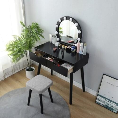 Oversea Stock!!!black LED EU Plug Dressing Table Two Drawer Dresser Table With Stool Modern Fashion Makeup Table Bedroom HWC