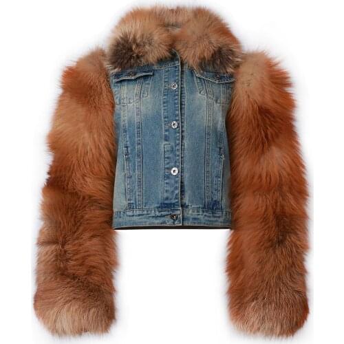 YOLOAgain Spring Autumn Women Real Fox Fur Sleeve Collar Denim Jacket