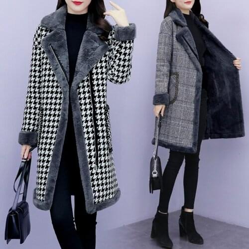 5XL Plus Size Plaid Wool Coat Women 2020 Autumn Winter Korean Mid-length Turndown Collar Plus Velvet Thicken Warm Lady Outerwear