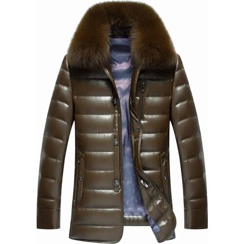 Winter Men Leather Jackets Middle-Aged Sheepskin Down Coat Lapel Luxury Mid-length Thick Fox Fur Collar Casual Clothing