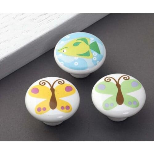 1PCS Children room cartoon handle cute butterfly knob hand-draw circle drawer chest door handlle ceramic handle latest CP477