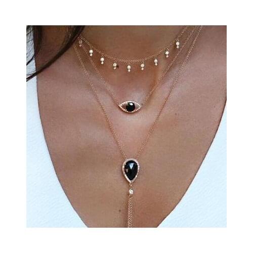2020 Fashion Jewelry Black Eye Large Water Drop Gold Bead Tassel Multilayer Sweater Chain Necklace for Women Statement Necklace