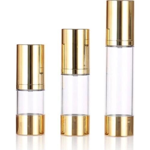 24pcs/lot 15ml 30ml 50ml Refillable AS Clear Airless Pump Bottles Portable Gold Vacuum Cosmetic Lotion Pump Moisture Bottle