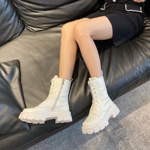 Ankle Boots women Genuine Leather Short Boots Casual Ladies shoes Fashion front zipper Waterproof platform boots