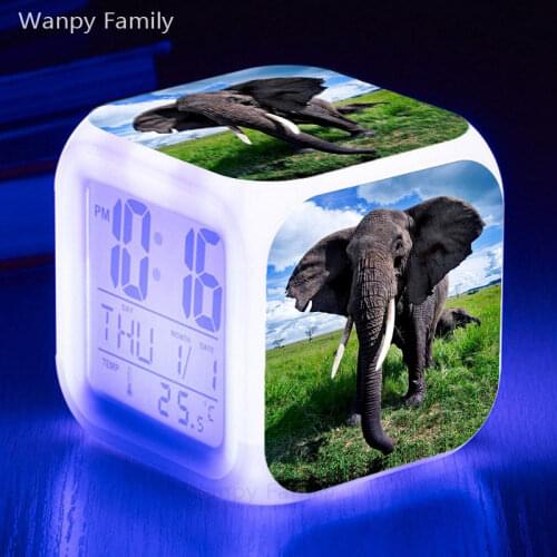 Elephant LED Alarm Clock 7 Color Glowing Touch Sensing Alarm Clock Kids Room Multifunctio Digital Flash Watches Clock For kids