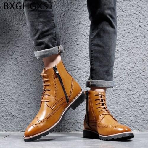 Black leather shoes mens dress boots 2020 Elevator shoes for men ankle boots high quality brand brogue shoes mens boots casual