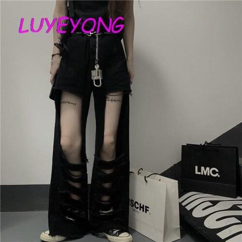Black Punk Women Big Hollow Out Split Sexy Denim Pants Gothic Lady Cool Street Jeans 2021 Summer Dark Goth Distressed Long Pant