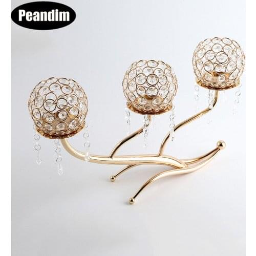 PEANDIM European 3 Arms Decorative Candle Holders Gold Creative Wedding Crystal Candleabra Romantic Candlelight Dinner Ornaments